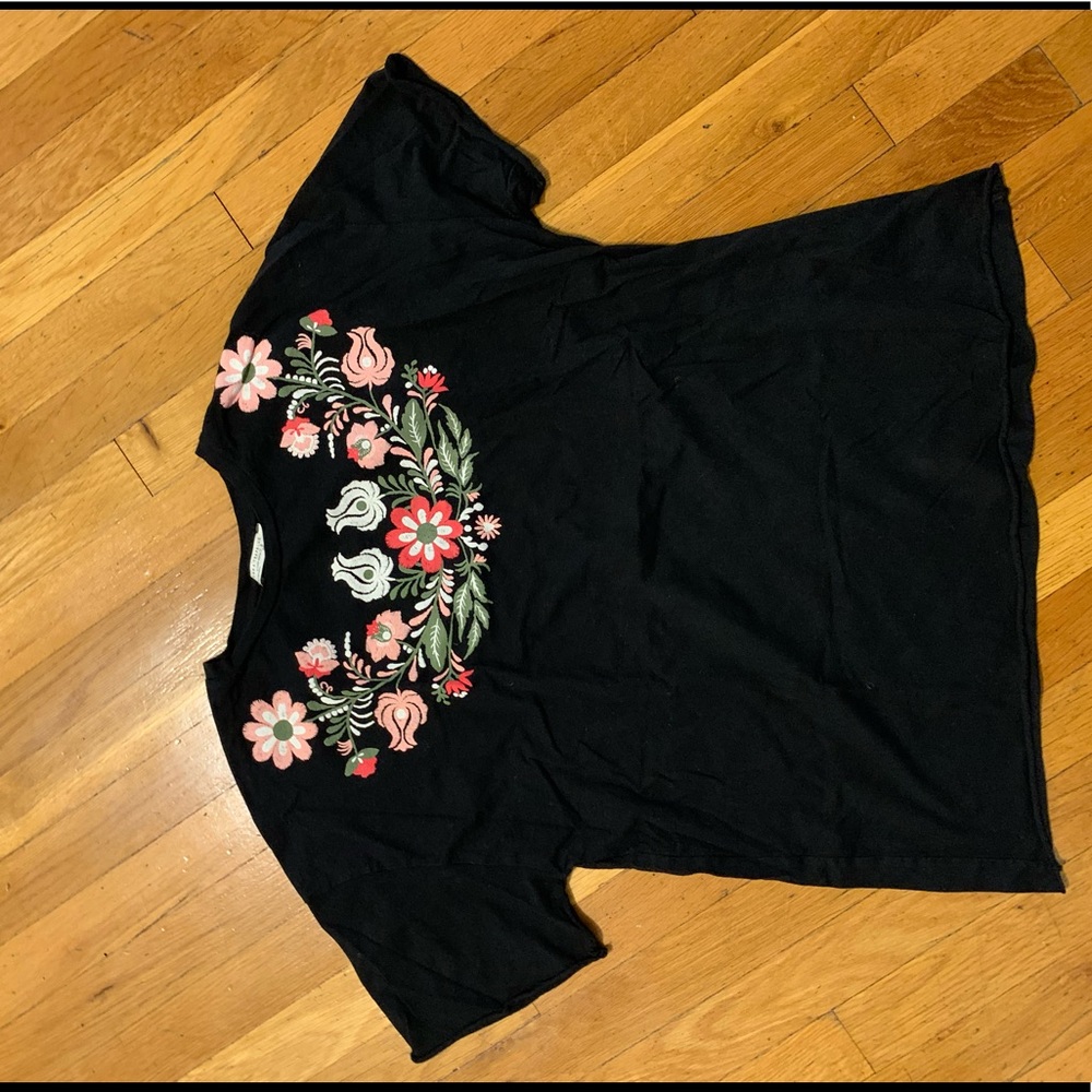 Zara Black Short Sleeve Tee with Pink & Green Floral Embroidery